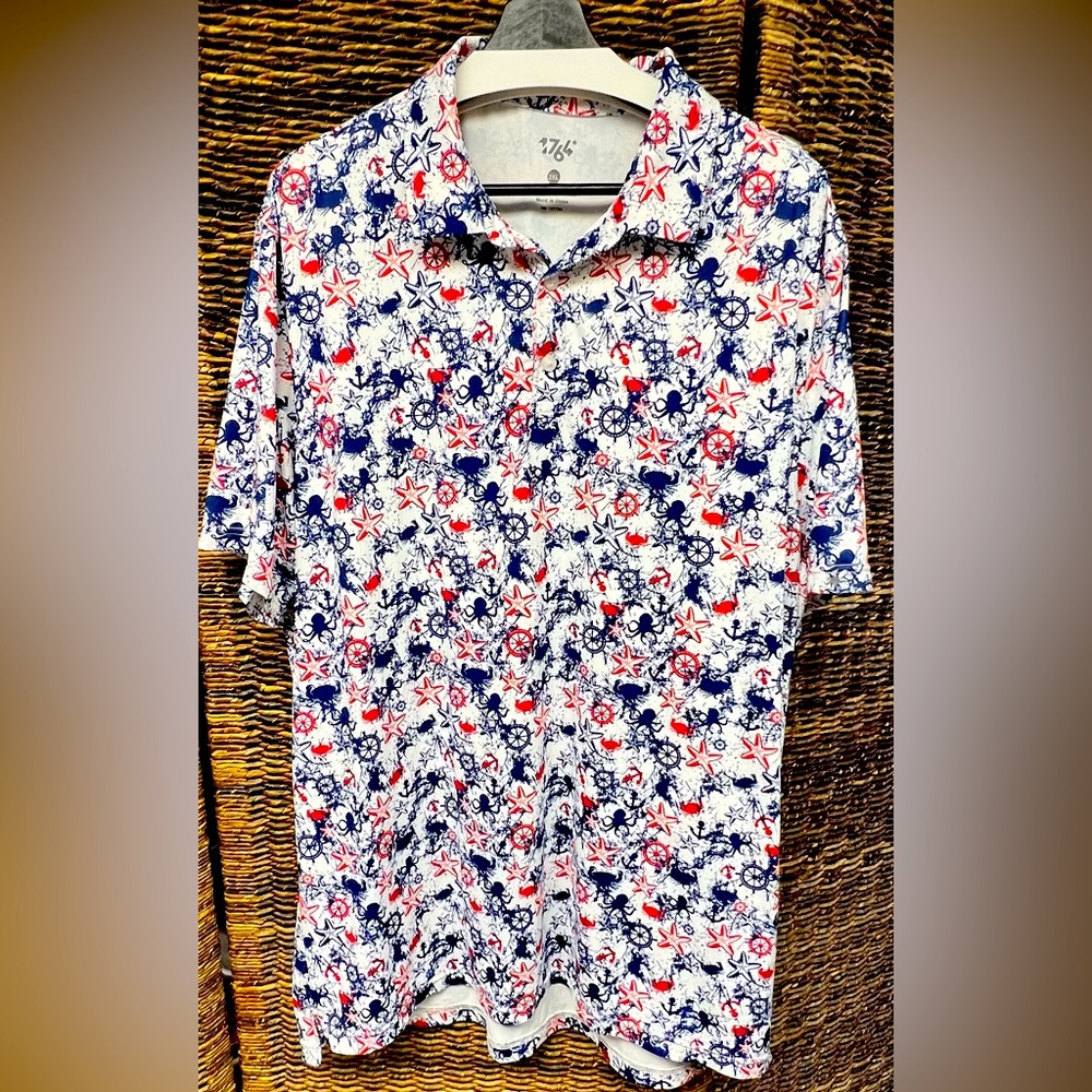 1764 Golf‎ Men's Floral Polo Shirt - White, Red, and Blue, 2XL